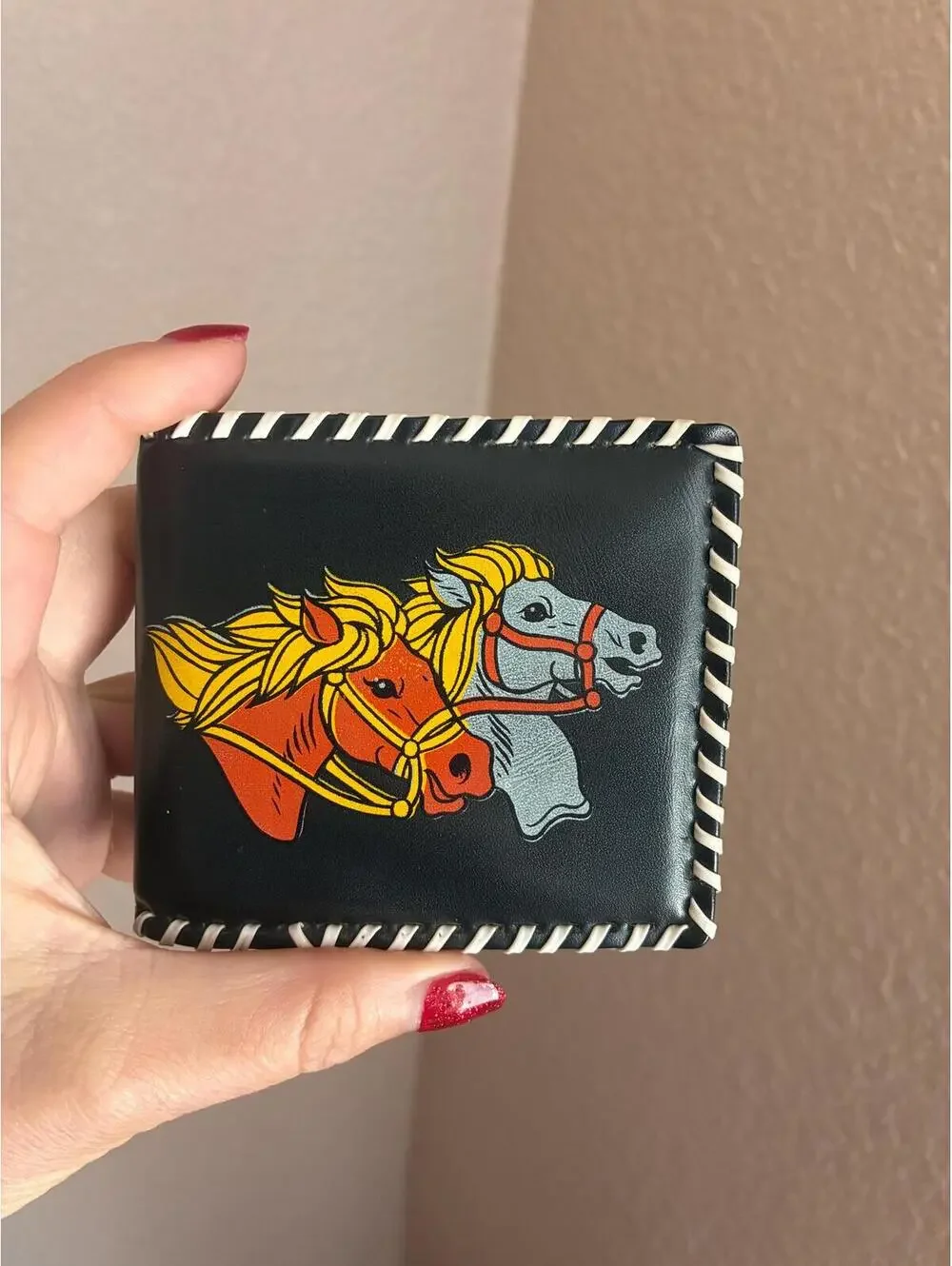 Vintage 1950s Horse Wallet - Western Cowboy Novelty Vinyl Whipstitch Billfold